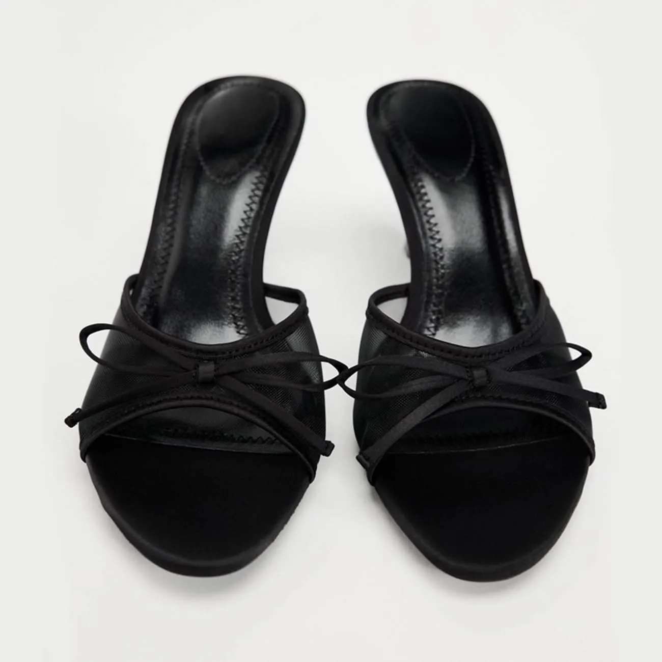 Womens Kitten Heels Bow Mesh Sandals Round Open Toe Slip On Low Slide Heeled Sandals
