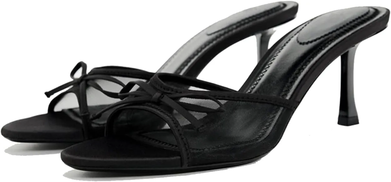 Womens Kitten Heels Bow Mesh Sandals Round Open Toe Slip On Low Slide Heeled Sandals