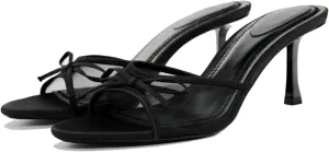 Womens Kitten Heels Bow Mesh Sandals Round Open Toe Slip On Low Slide Heeled Sandals