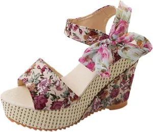 Women's Ladies Platform Wedges Heel Sandals Floral Flower Lace-Up Shoes Footwear Wedge Slide Sandals for Women