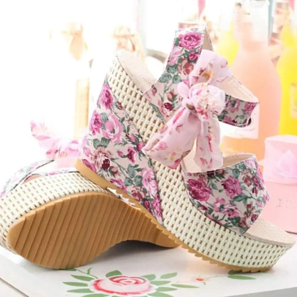 Women's Ladies Platform Wedges Heel Sandals Floral Flower Lace-Up Shoes Footwear Wedge Slide Sandals for Women