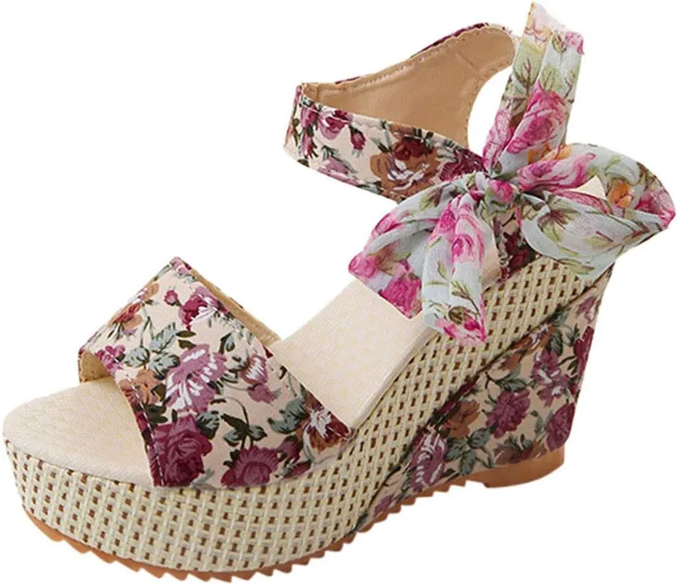 Women's Ladies Platform Wedges Heel Sandals Floral Flower Lace-Up Shoes Footwear Wedge Slide Sandals for Women