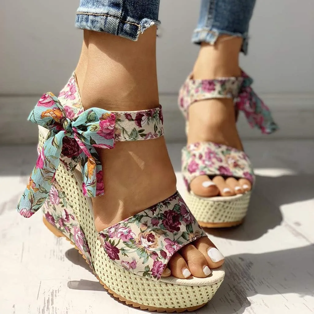 Women's Ladies Platform Wedges Heel Sandals Floral Flower Lace-Up Shoes Footwear Wedge Slide Sandals for Women