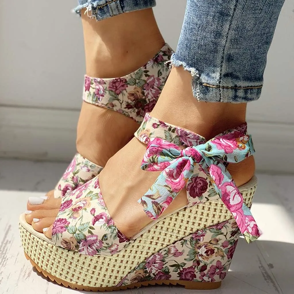 Women's Ladies Platform Wedges Heel Sandals Floral Flower Lace-Up Shoes Footwear Wedge Slide Sandals for Women