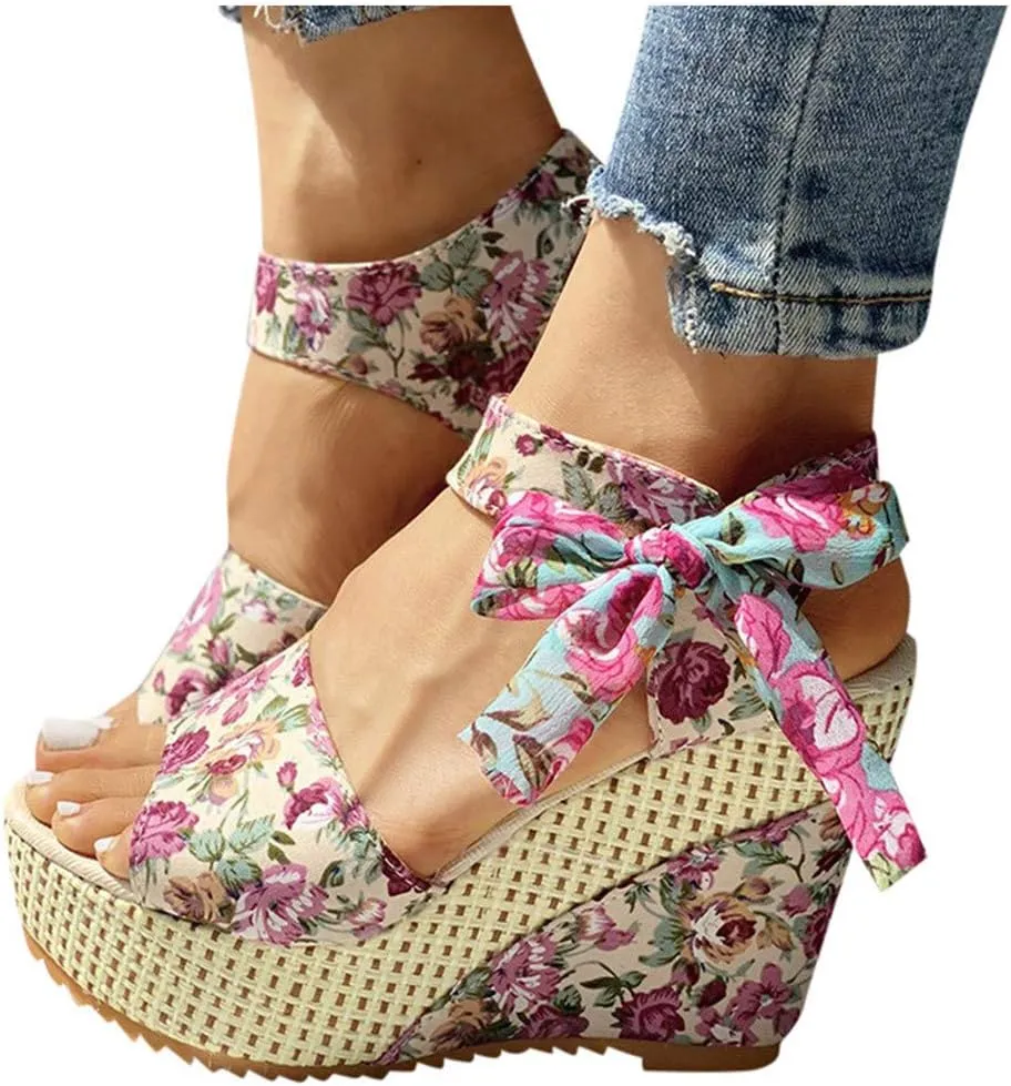 Women's Ladies Platform Wedges Heel Sandals Floral Flower Lace-Up Shoes Footwear Wedge Slide Sandals for Women