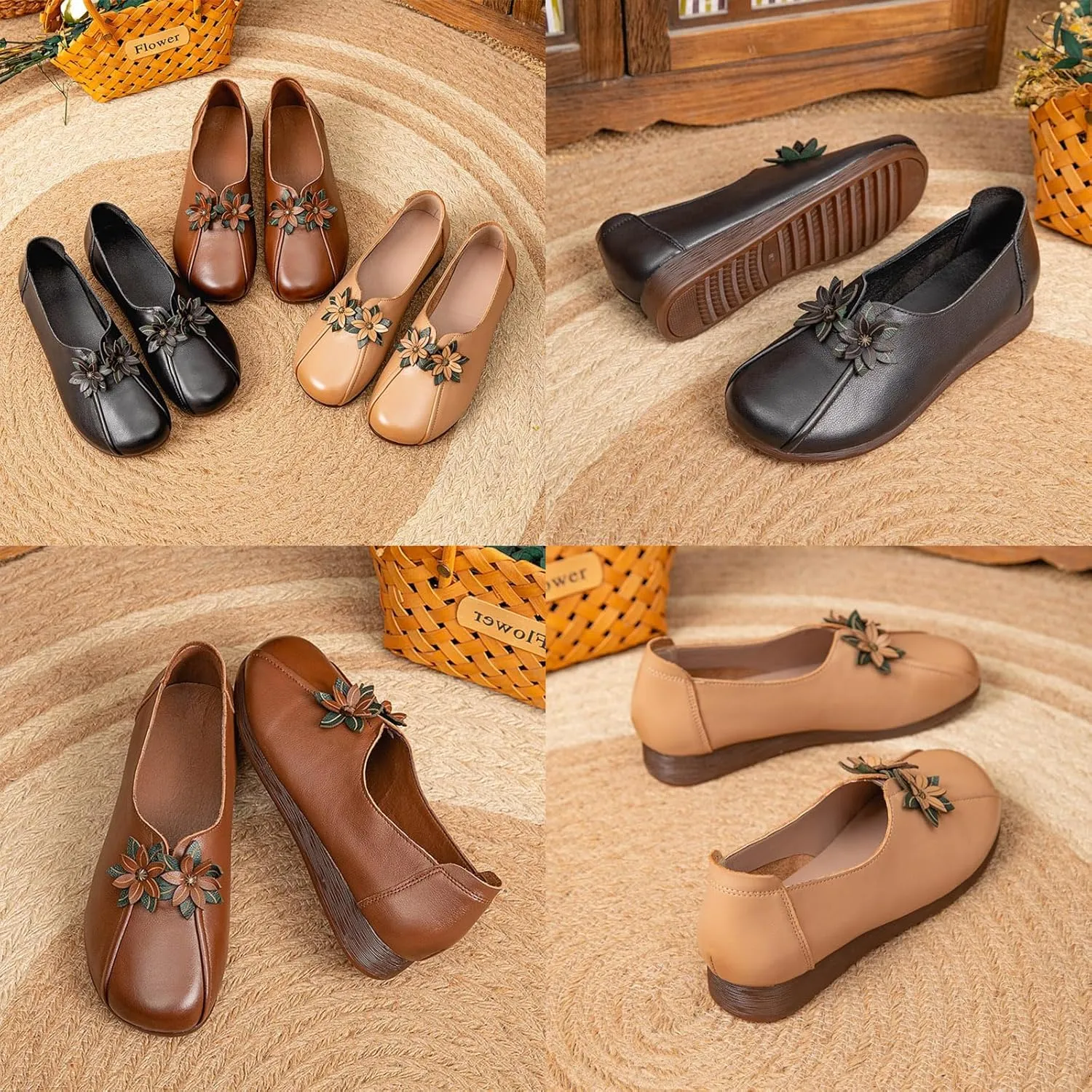 Women's Leather Flower Casual Dress Shoes,Vintage Comfort Summer/Fall Slip on Oxford Soft Sole Flat Walking Loafers