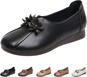 Women's Leather Flower Casual Dress Shoes,Vintage Comfort Summer/Fall Slip on Oxford Soft Sole Flat Walking Loafers