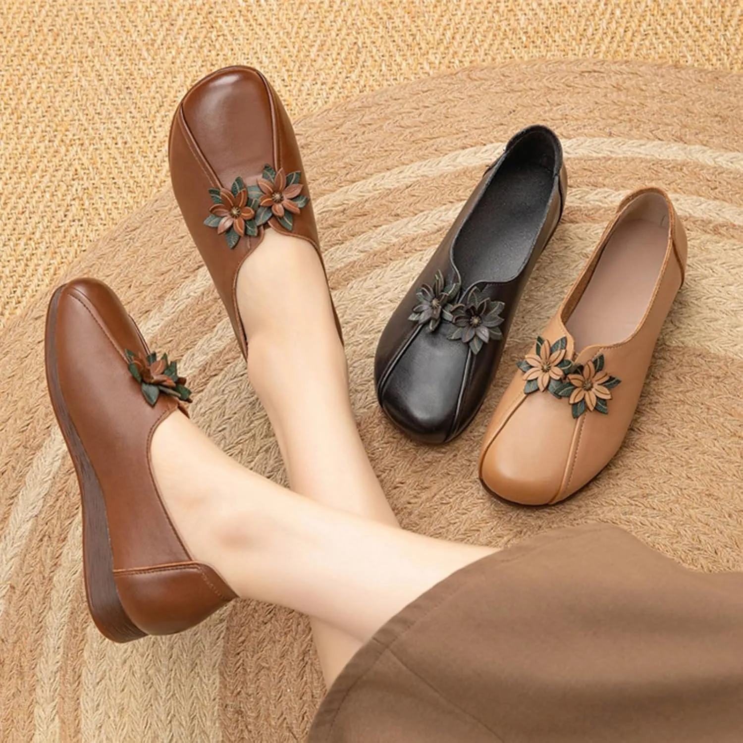 Women's Leather Flower Casual Dress Shoes,Vintage Comfort Summer/Fall Slip on Oxford Soft Sole Flat Walking Loafers
