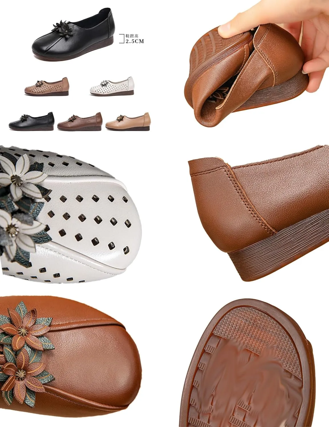 Women's Leather Flower Casual Dress Shoes,Vintage Comfort Summer/Fall Slip on Oxford Soft Sole Flat Walking Loafers