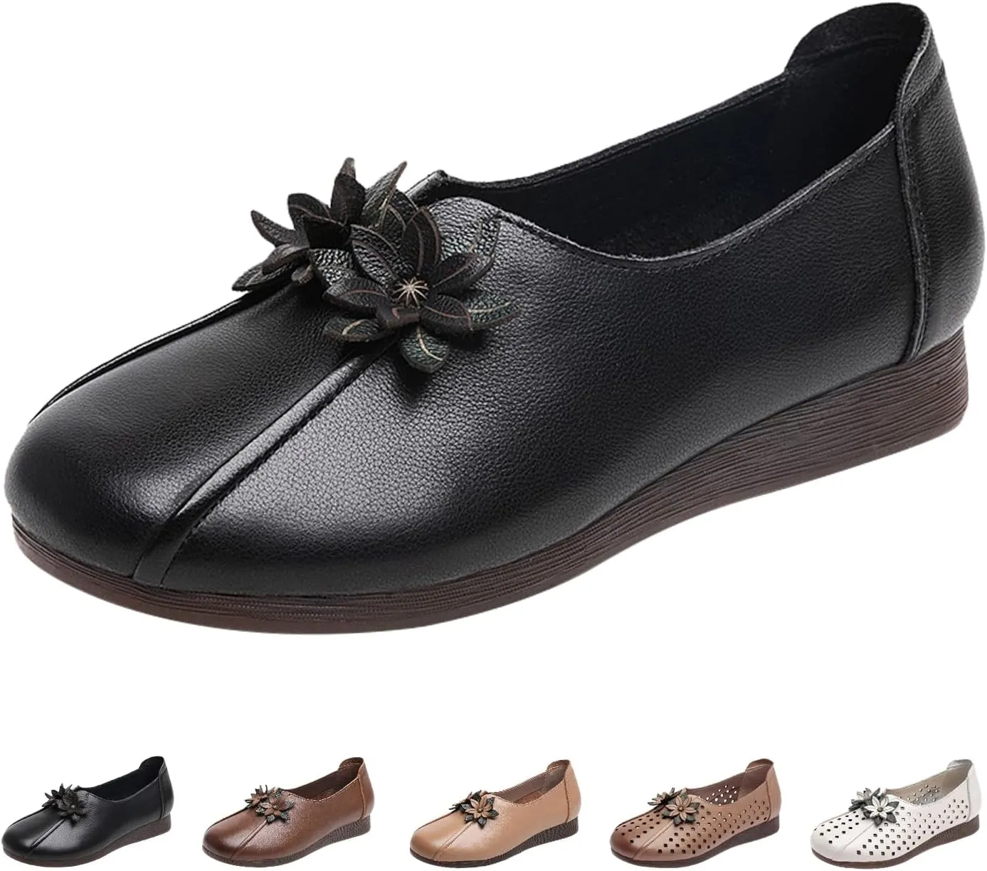 Women's Leather Flower Casual Dress Shoes,Vintage Comfort Summer/Fall Slip on Oxford Soft Sole Flat Walking Loafers