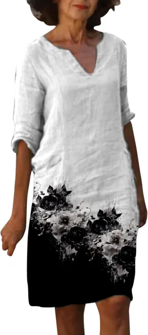 Womens Linen Dress Comfy Fashion Elegant Flower Print Short Sleeve Pastel Dress Work Spring 80S Outfit for Women