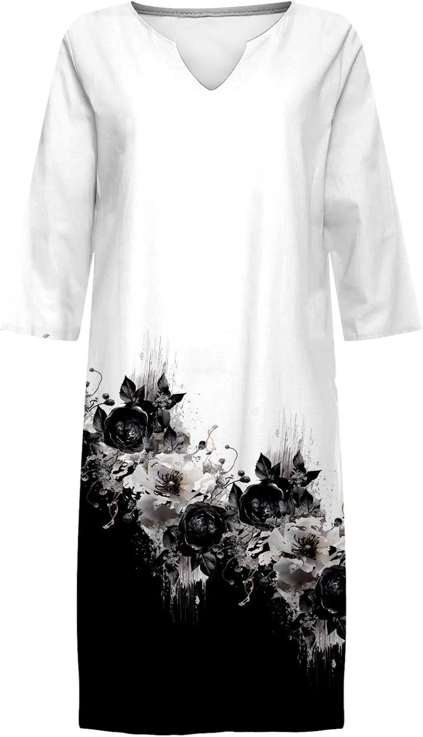 Womens Linen Dress Comfy Fashion Elegant Flower Print Short Sleeve Pastel Dress Work Spring 80S Outfit for Women