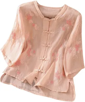 Womens Linen Shirts V-Neck Embroidery Blouse Floral Print 2025 Summer Tee Shirts Short Sleeve Loose T-Shirt