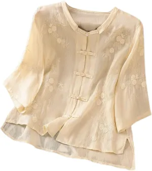 Womens Linen Shirts V-Neck Embroidery Blouse Floral Print 2025 Summer Tee Shirts Short Sleeve Loose T-Shirt