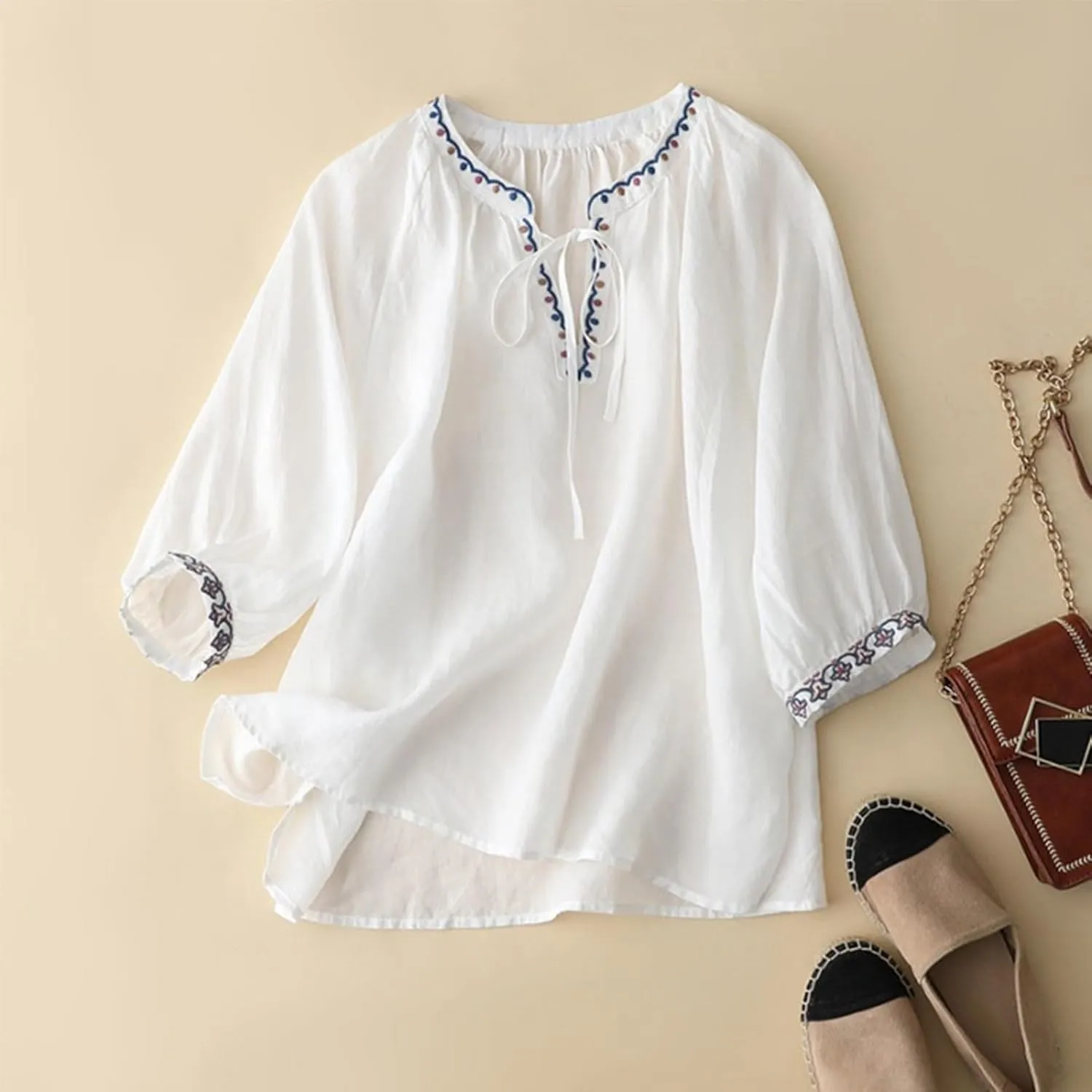 Womens Linen Shirts V-Neck Embroidery Blouse Floral Print 2025 Summer Tee Shirts Short Sleeve Loose T-Shirt