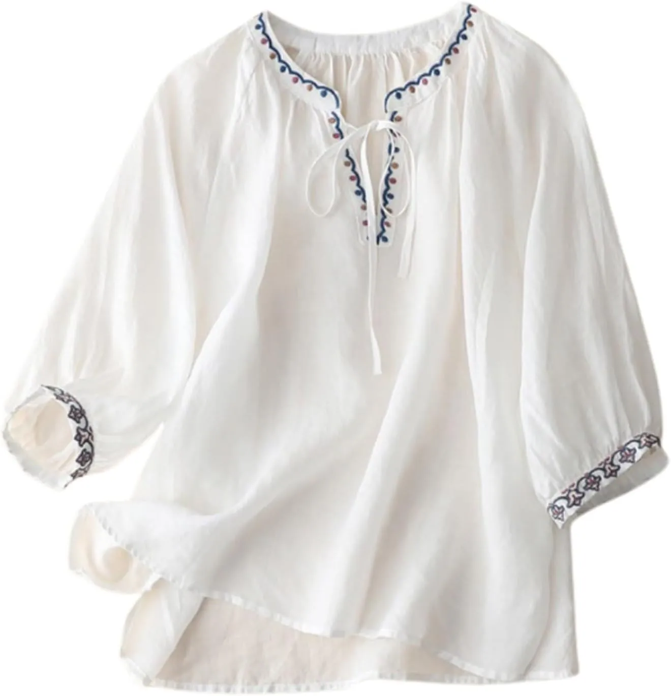 Womens Linen Shirts V-Neck Embroidery Blouse Floral Print 2025 Summer Tee Shirts Short Sleeve Loose T-Shirt