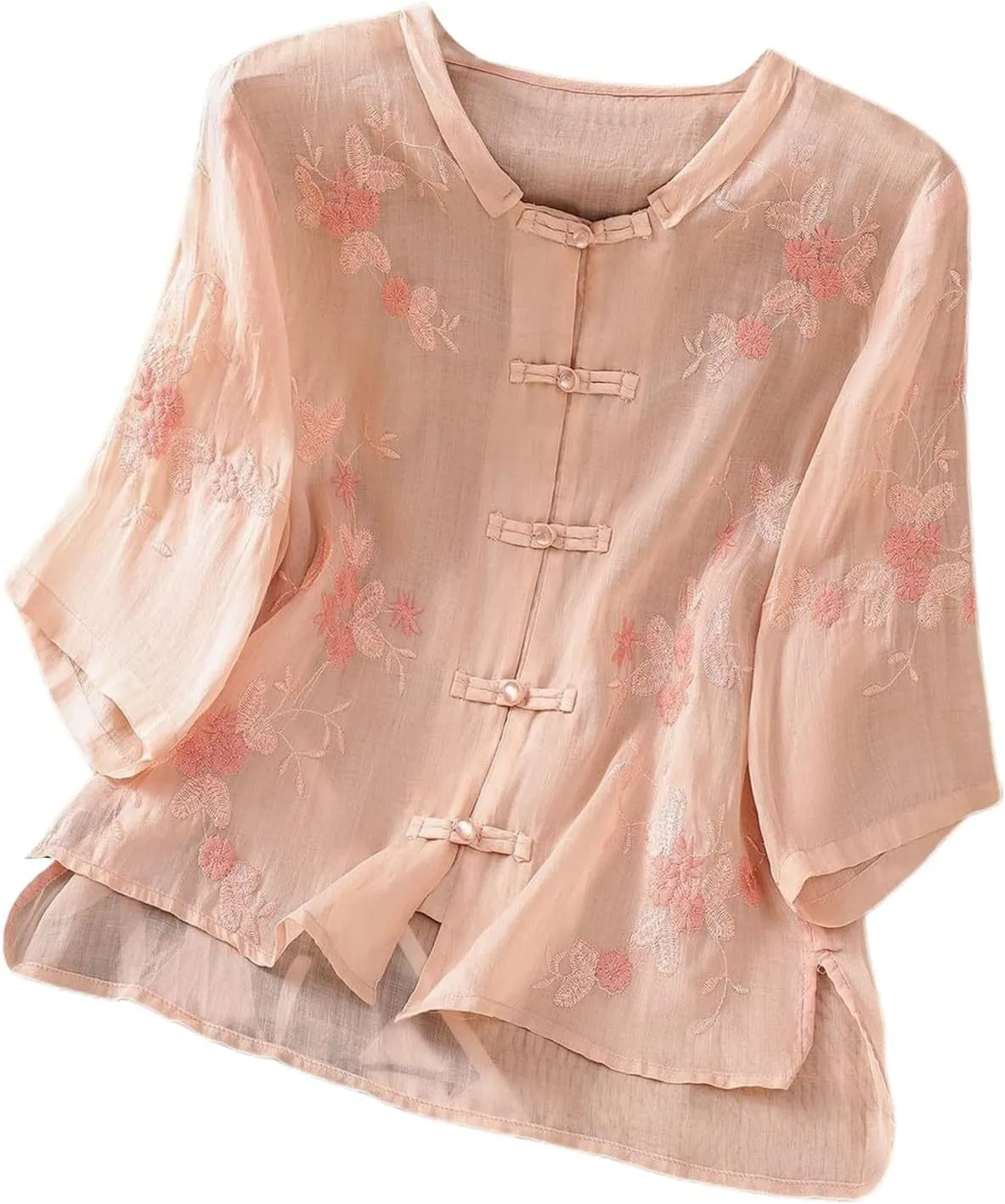 Womens Linen Shirts V-Neck Embroidery Blouse Floral Print 2025 Summer Tee Shirts Short Sleeve Loose T-Shirt
