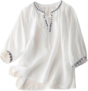 Womens Linen Shirts V-Neck Embroidery Blouse Floral Print 2025 Summer Tee Shirts Short Sleeve Loose T-Shirt