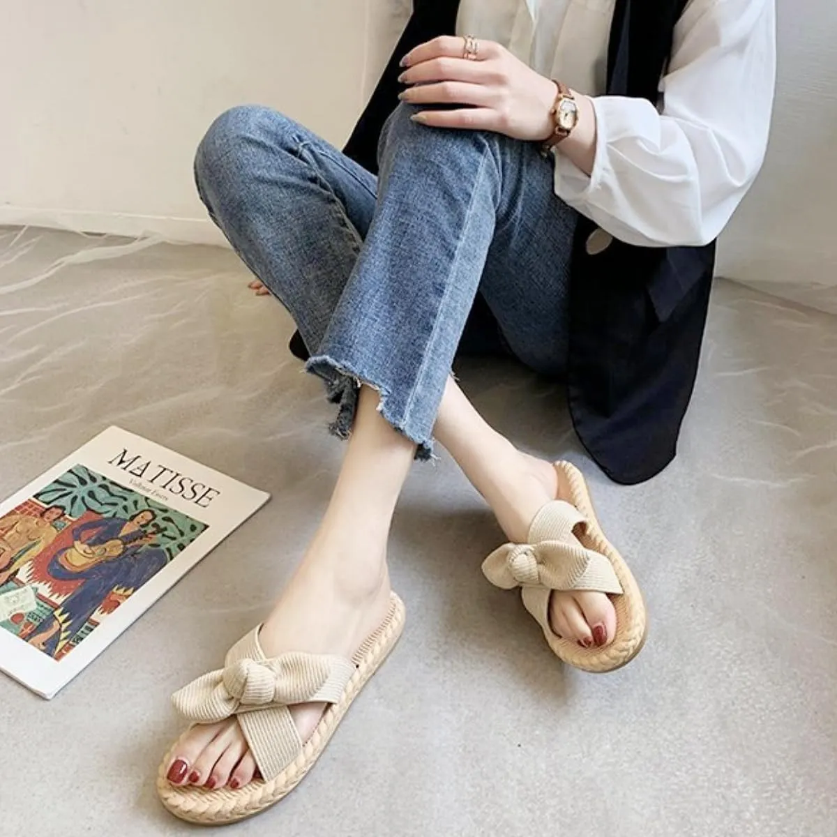 Women's Open Toe Slide Slippers with Cute Bow, Summer Crossband Linen Sandal Slippers, Slip-on House Shoes