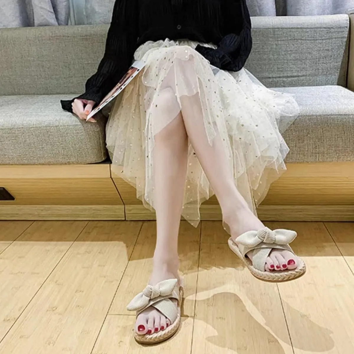 Women's Open Toe Slide Slippers with Cute Bow, Summer Crossband Linen Sandal Slippers, Slip-on House Shoes