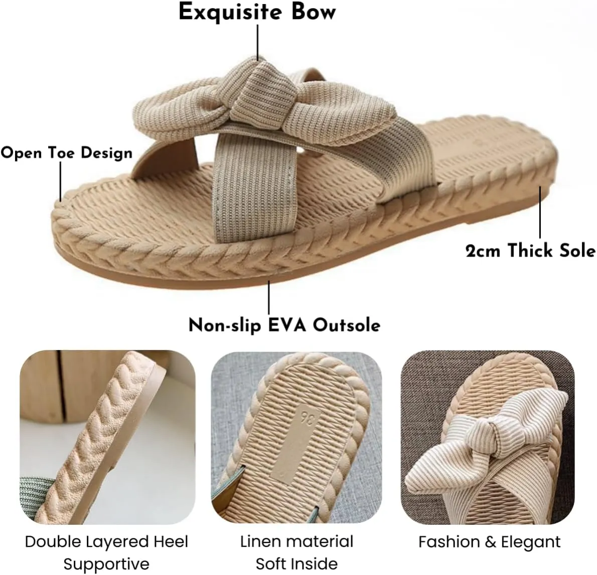 Women's Open Toe Slide Slippers with Cute Bow, Summer Crossband Linen Sandal Slippers, Slip-on House Shoes