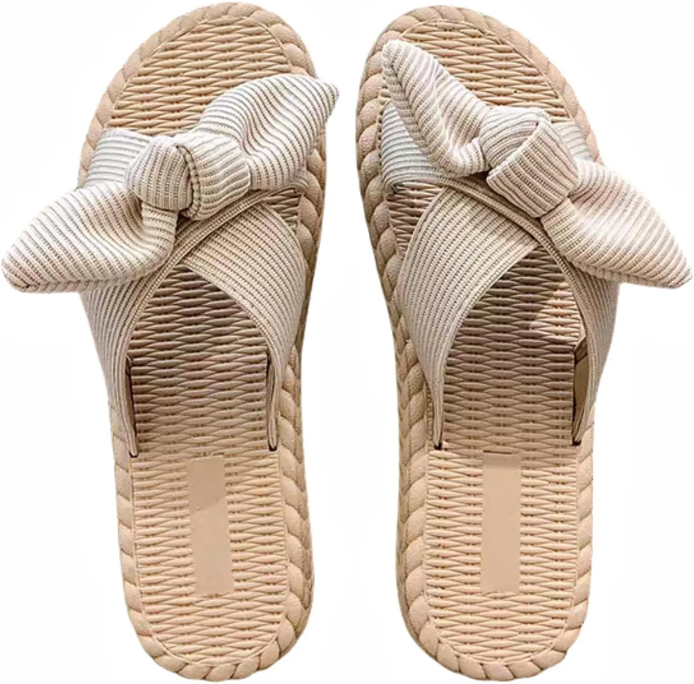 Women's Open Toe Slide Slippers with Cute Bow, Summer Crossband Linen Sandal Slippers, Slip-on House Shoes