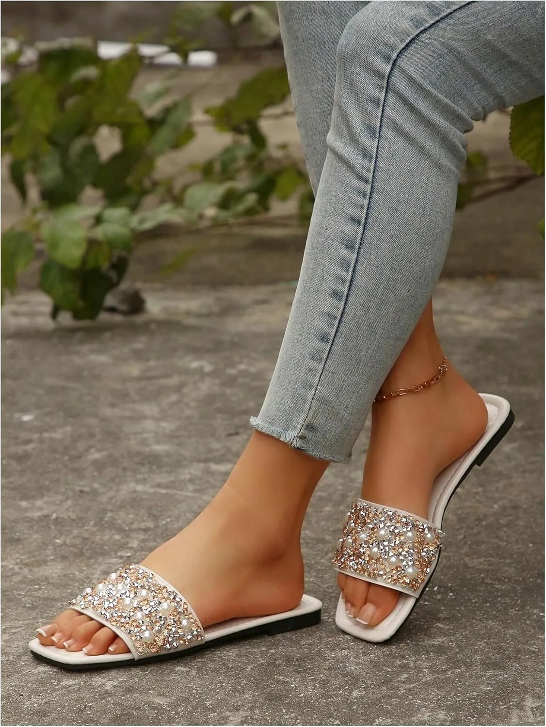 Women's Pearls Beaded Slippers PU Leather Square Open Toe Slip On Slide Sandals
