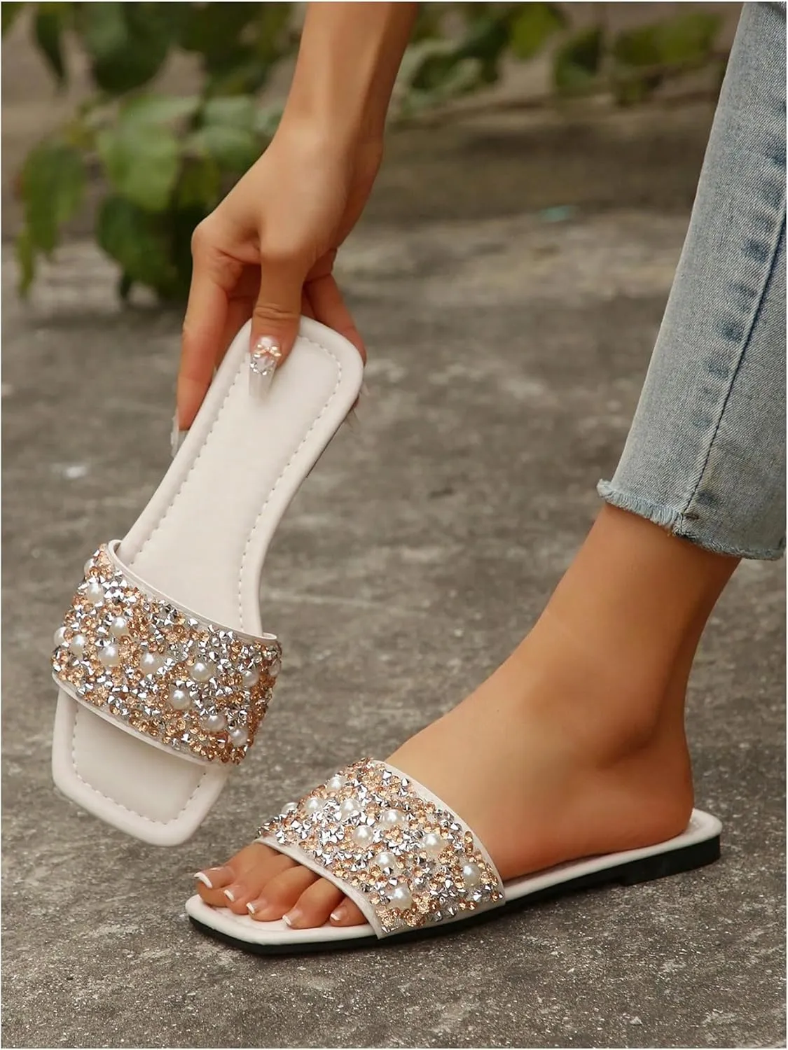 Women's Pearls Beaded Slippers PU Leather Square Open Toe Slip On Slide Sandals