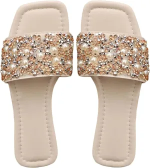 Women's Pearls Beaded Slippers PU Leather Square Open Toe Slip On Slide Sandals