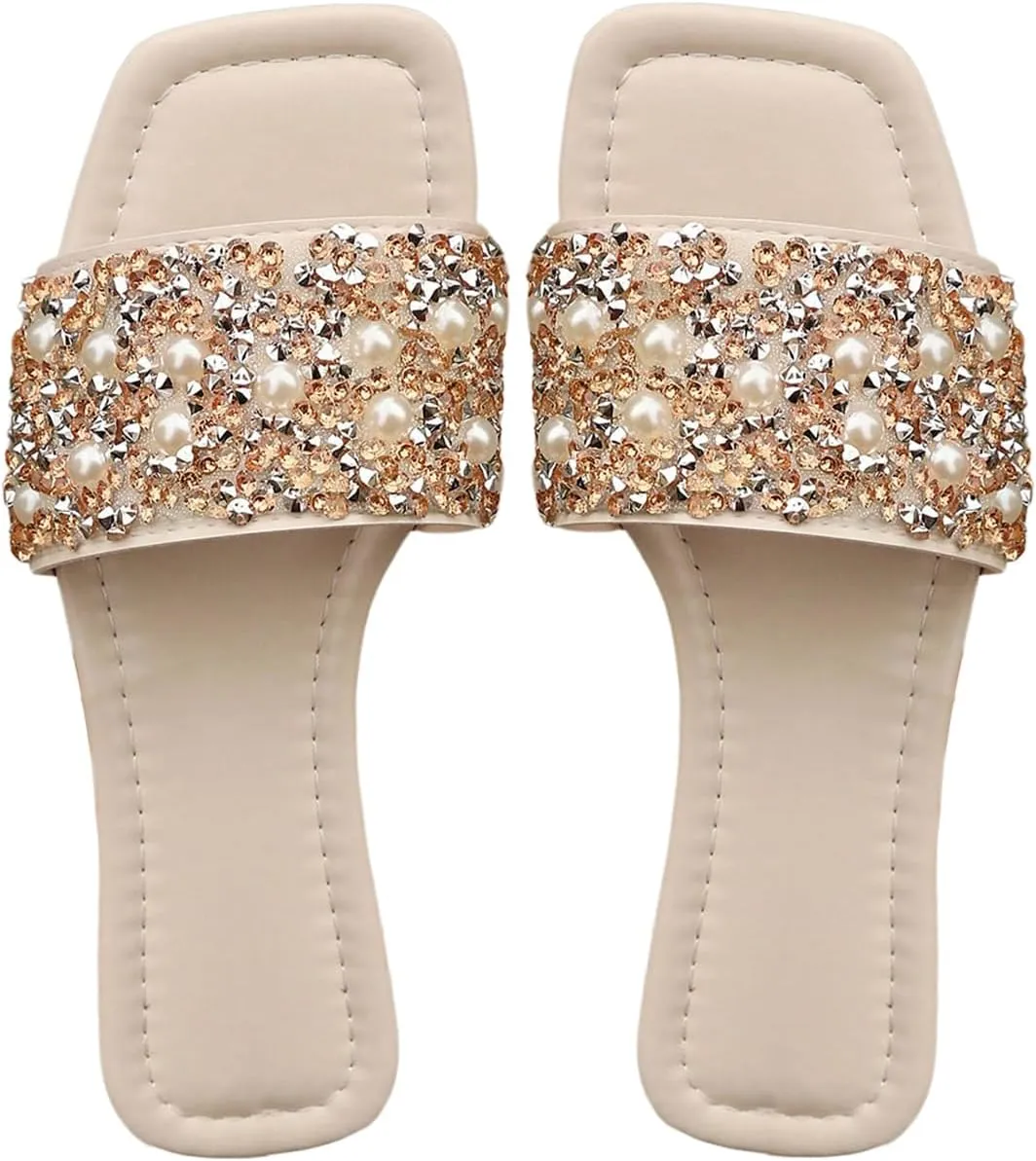 Women's Pearls Beaded Slippers PU Leather Square Open Toe Slip On Slide Sandals