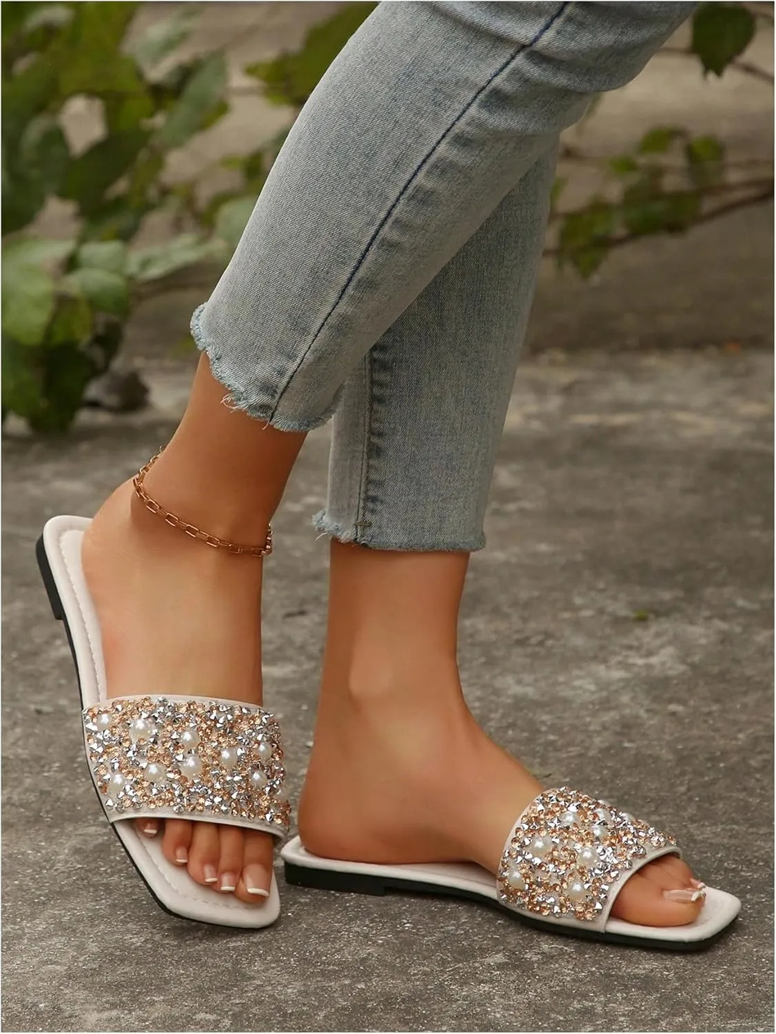 Women's Pearls Beaded Slippers PU Leather Square Open Toe Slip On Slide Sandals