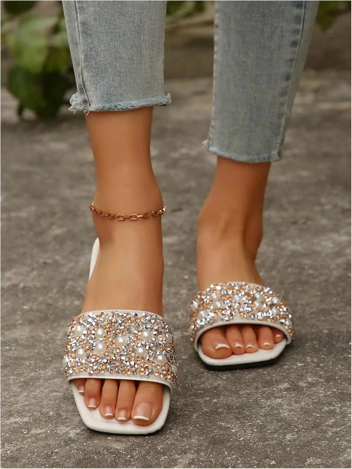 Women's Pearls Beaded Slippers PU Leather Square Open Toe Slip On Slide Sandals