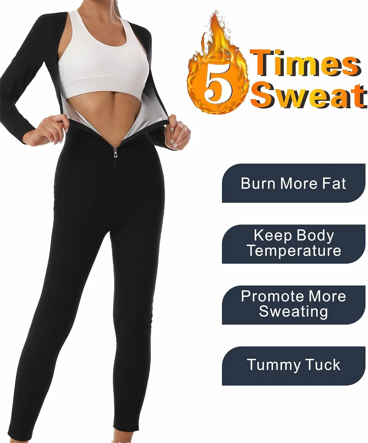 Women's Sauna Suit Workout Sets Long Sleeve Jumpsuit, Full Body Corset Sweatsuit Sweat-Enhancing Waist Trainer