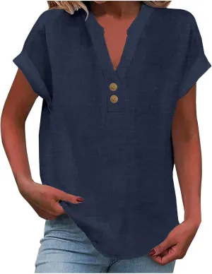 Womens Short Sleeve Cotton Linen Shirt Casual Crewneck Comfy T Shirt Bohemian Boho Loose Fit Summer Tee Tops