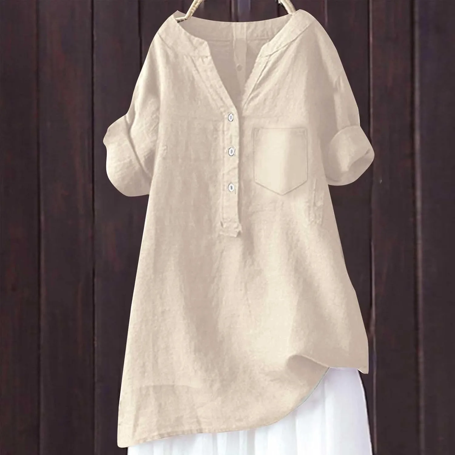 Womens Short Sleeve Cotton Linen Shirt Casual Crewneck Comfy T Shirt Bohemian Boho Loose Fit Summer Tee Tops