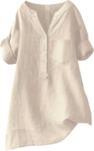 Womens Short Sleeve Cotton Linen Shirt Casual Crewneck Comfy T Shirt Bohemian Boho Loose Fit Summer Tee Tops