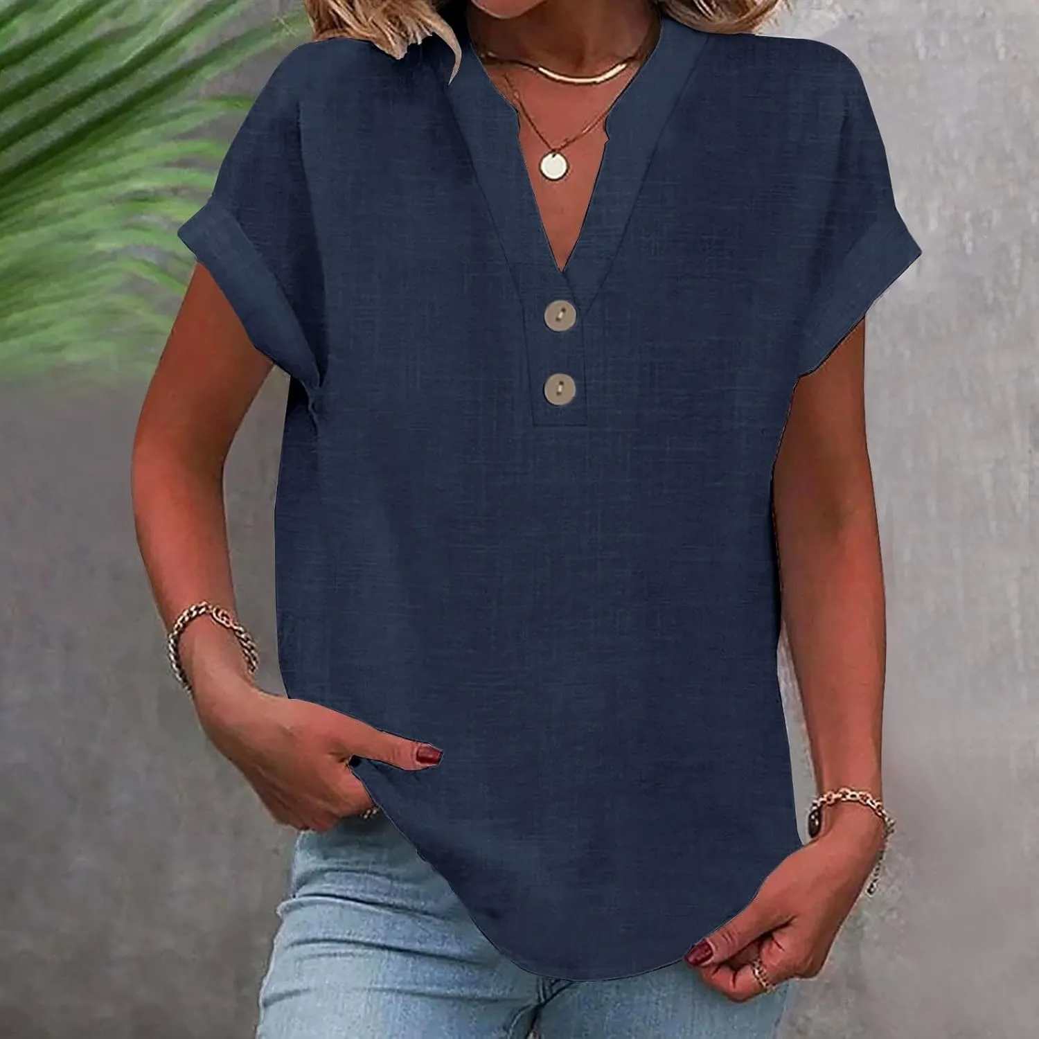 Womens Short Sleeve Cotton Linen Shirt Casual Crewneck Comfy T Shirt Bohemian Boho Loose Fit Summer Tee Tops