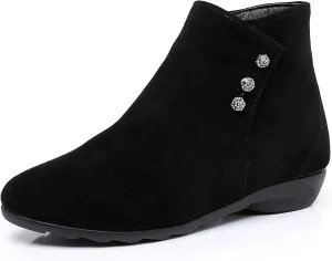 Women'S Suede Flat Ankle Boots Fashion Round Toe Side Zipper Soft Bottom Non-Slip Booties For Office Work Low Heel Boots