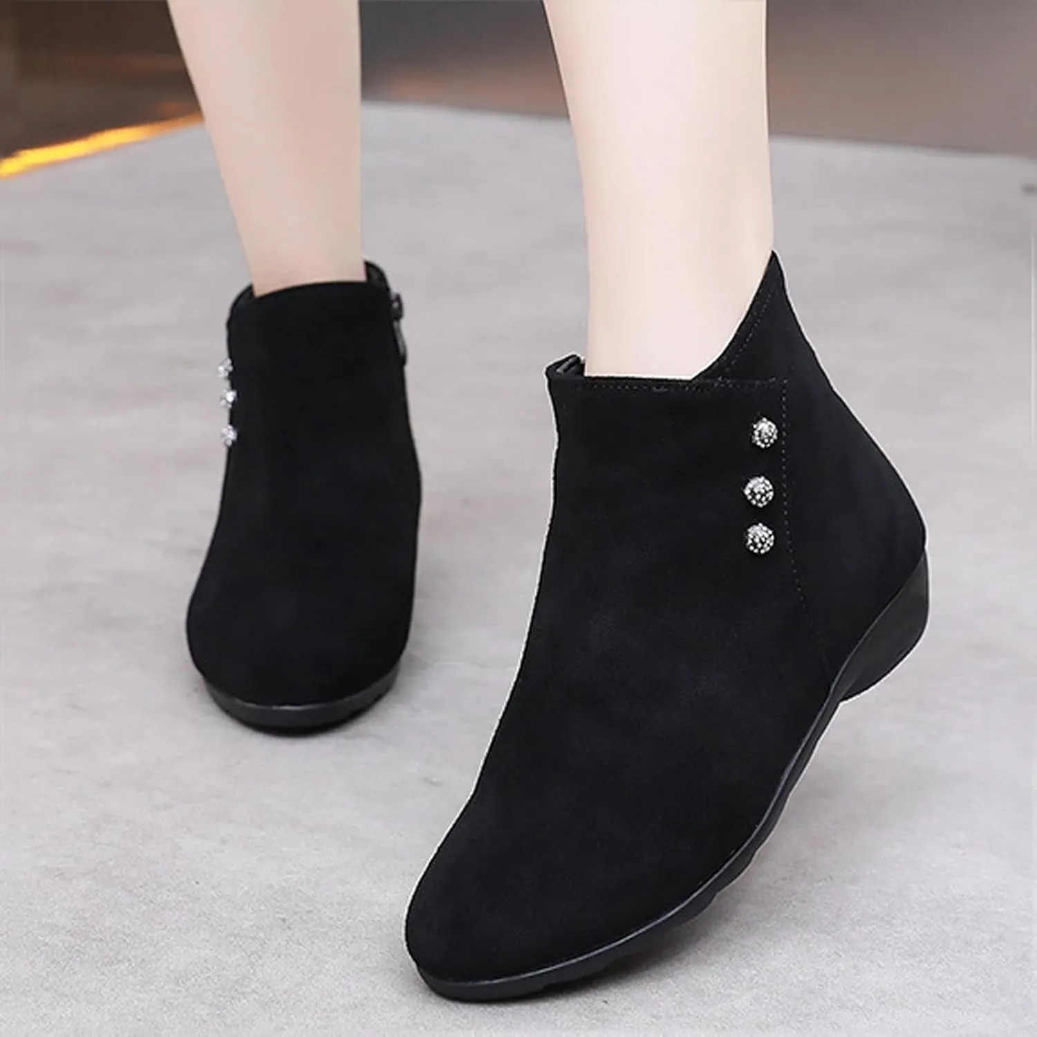 Women'S Suede Flat Ankle Boots Fashion Round Toe Side Zipper Soft Bottom Non-Slip Booties For Office Work Low Heel Boots