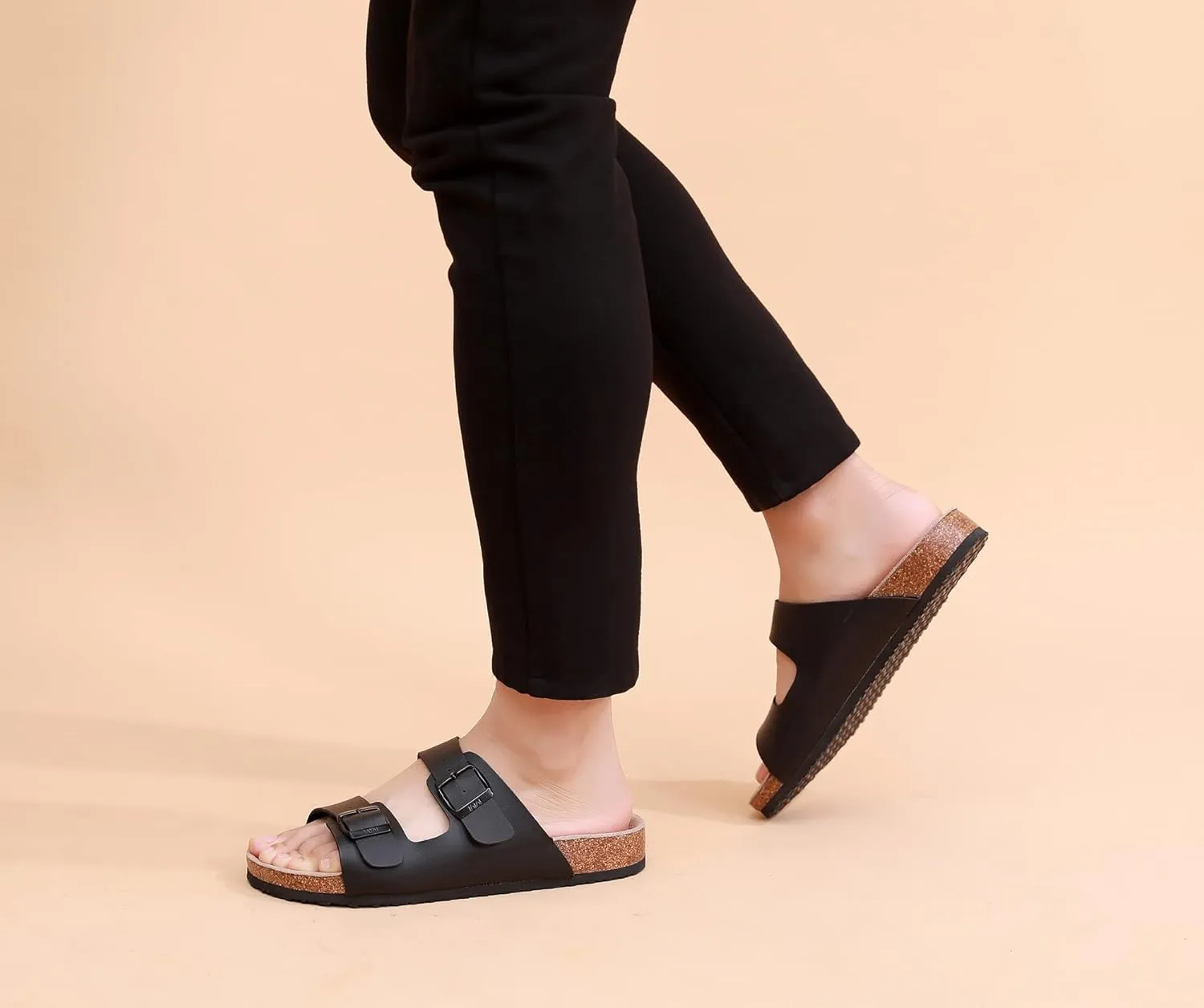 WTW Men's Cork Footbed Sandals Slip on Beach Slide Sandals Shoes with Adjustable Metal Buckle Strap for Men