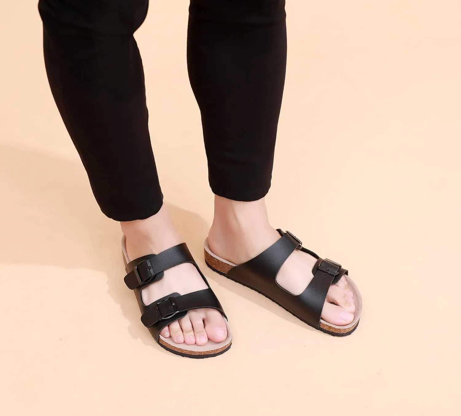 WTW Men's Cork Footbed Sandals Slip on Beach Slide Sandals Shoes with Adjustable Metal Buckle Strap for Men