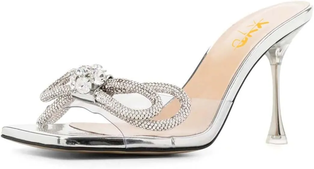 XYD Women Fashion Rhinestones Bows Open Square Toe Slide Sandals High Spool Heel Mules Slip On Party Dress Daily Walking Shoes
