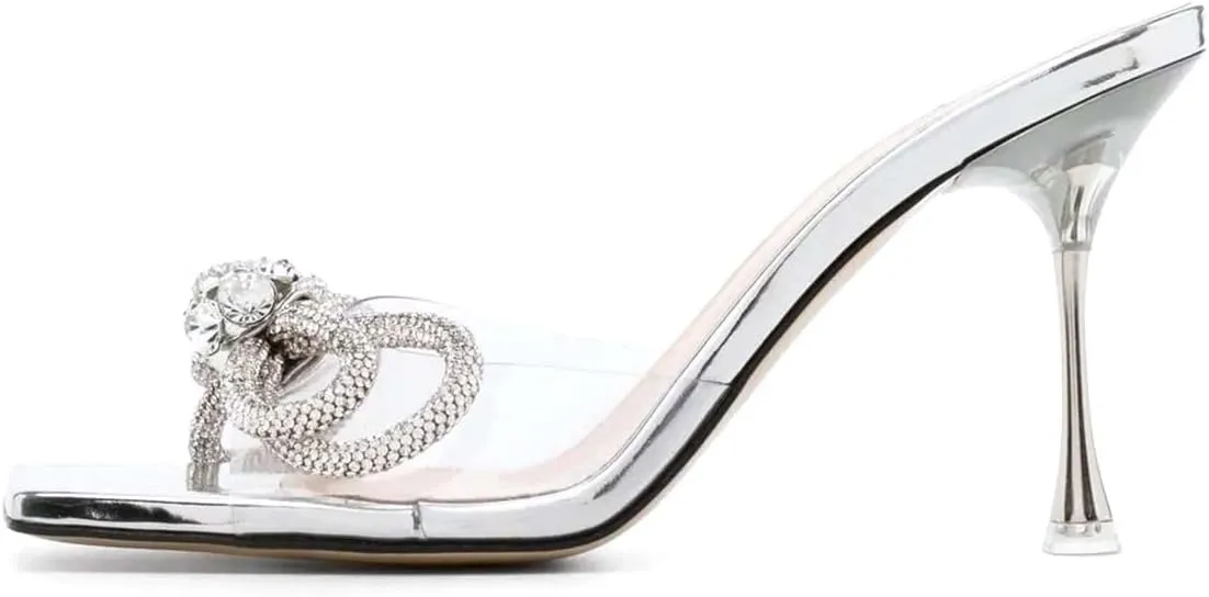 XYD Women Fashion Rhinestones Bows Open Square Toe Slide Sandals High Spool Heel Mules Slip On Party Dress Daily Walking Shoes