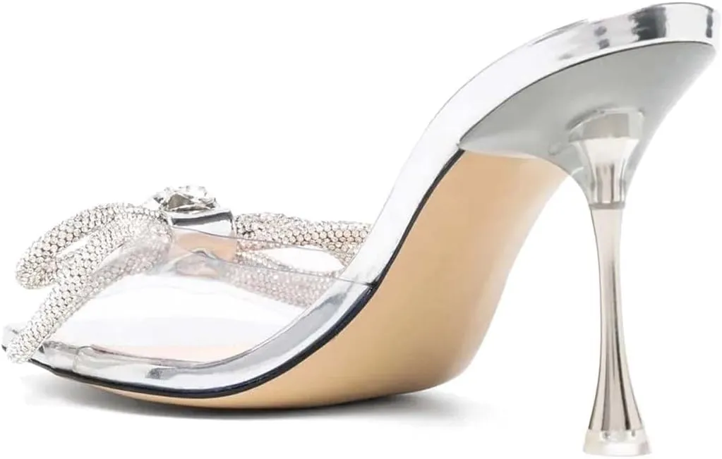 XYD Women Fashion Rhinestones Bows Open Square Toe Slide Sandals High Spool Heel Mules Slip On Party Dress Daily Walking Shoes