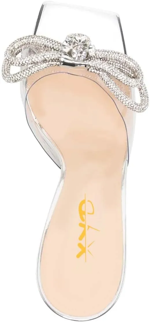 XYD Women Fashion Rhinestones Bows Open Square Toe Slide Sandals High Spool Heel Mules Slip On Party Dress Daily Walking Shoes