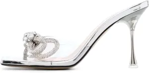 XYD Women Fashion Rhinestones Bows Open Square Toe Slide Sandals High Spool Heel Mules Slip On Party Dress Daily Walking Shoes