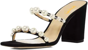 XYD Women Square Open Toe Pearls Embellished Dual Straps Slides Sandals Slip On Low/High Chunky Block Heel Chic Mules Summer Resort Outdoor Party Shoes