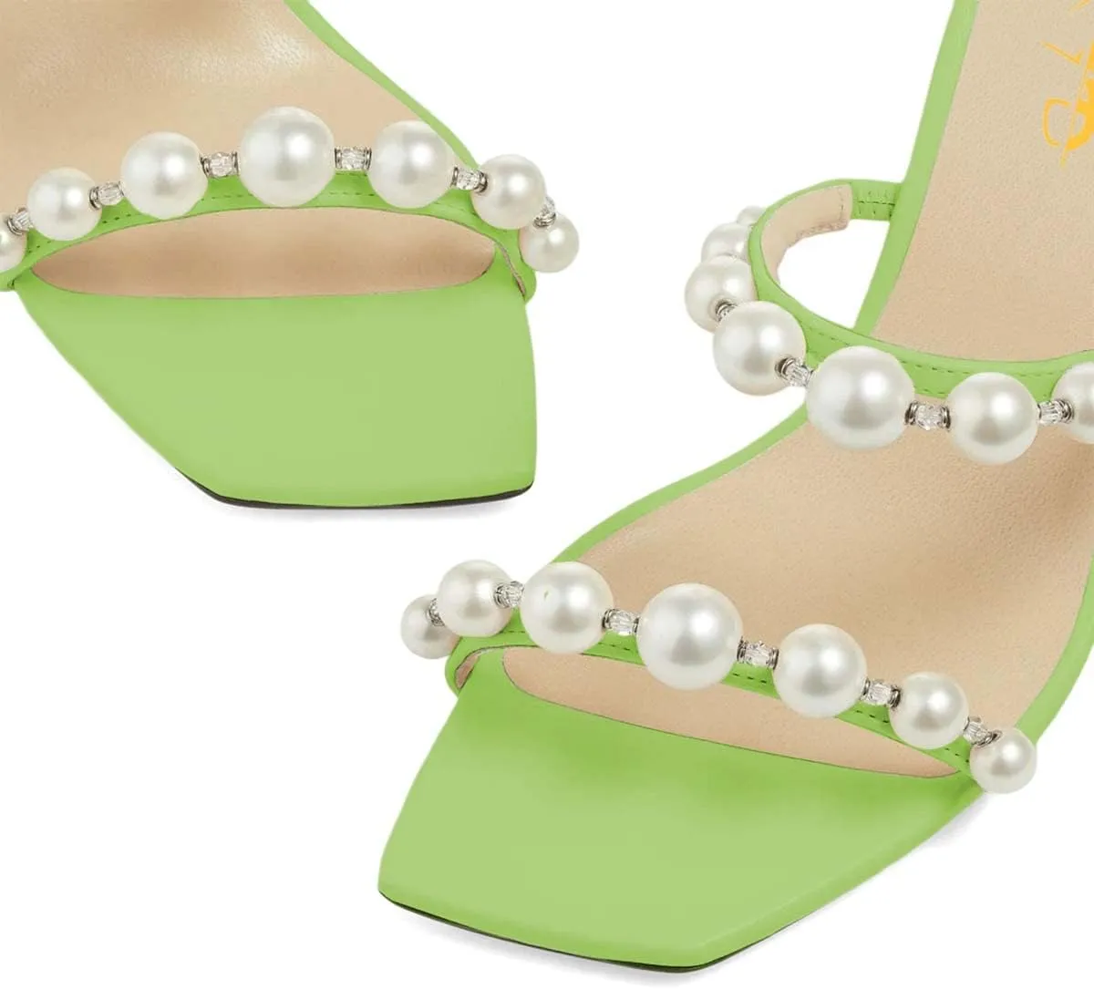 XYD Women Square Open Toe Pearls Embellished Dual Straps Slides Sandals Slip On Low/High Chunky Block Heel Chic Mules Summer Resort Outdoor Party Shoes