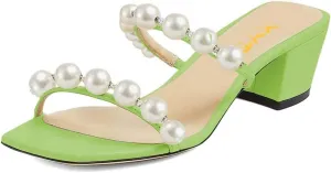XYD Women Square Open Toe Pearls Embellished Dual Straps Slides Sandals Slip On Low/High Chunky Block Heel Chic Mules Summer Resort Outdoor Party Shoes