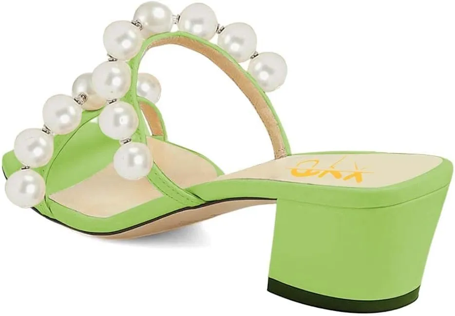 XYD Women Square Open Toe Pearls Embellished Dual Straps Slides Sandals Slip On Low/High Chunky Block Heel Chic Mules Summer Resort Outdoor Party Shoes